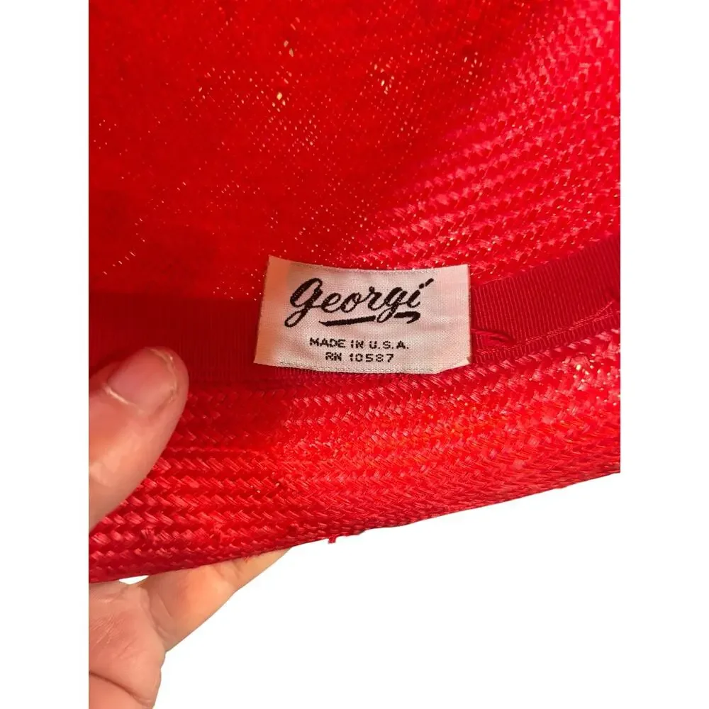 Red Straw Cloche Hat Bow Birdcage Veil Retro Bombshell Gorgi USA Vintage